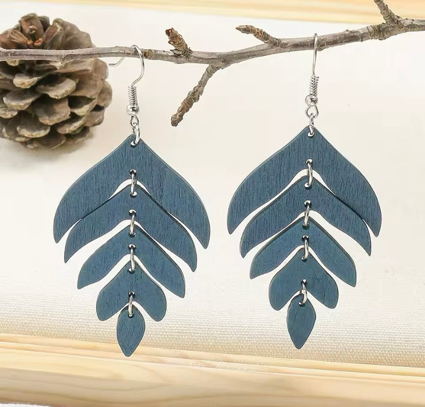 Blue - Leaf Feather Wooden Drop Geometric Earrings