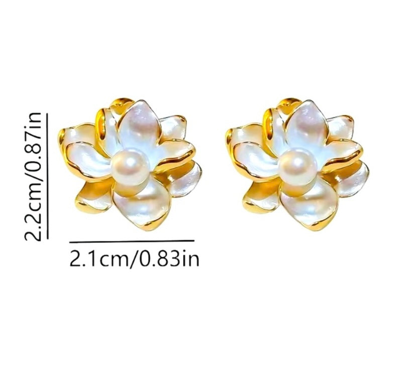 Gold & White Large Floral Pearl Stud Earrings