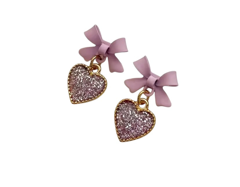 Purple Bowtie Glitter Heart Earrings
