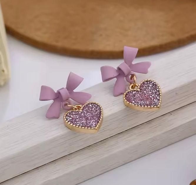 Purple Bowtie Glitter Heart Earrings