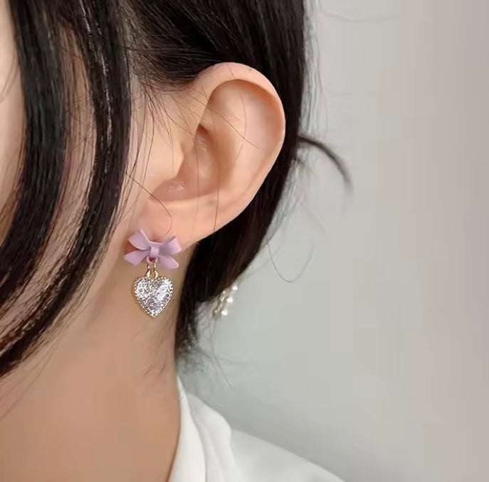 Purple Bowtie Glitter Heart Earrings