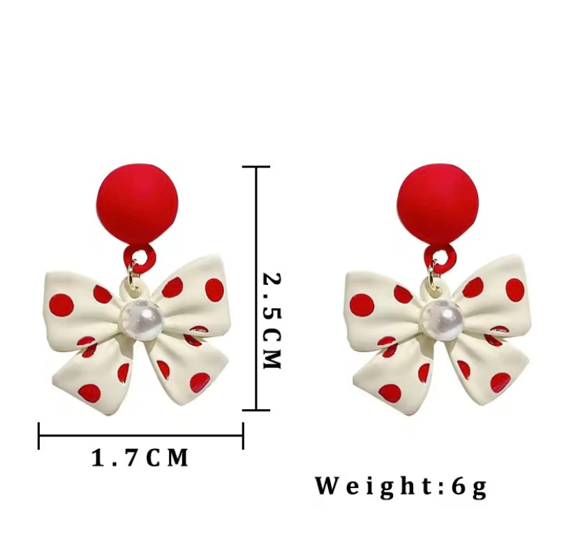 Bowknot Red & White Polka Dot Earrings With Pearl Accent