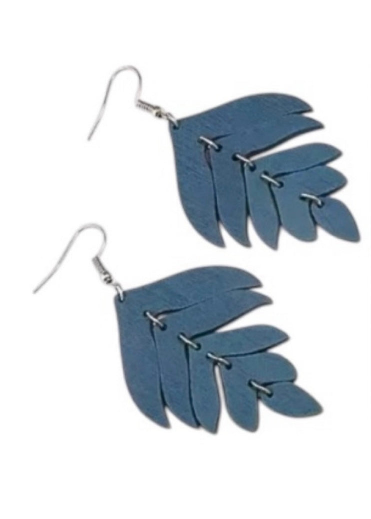 Blue - Leaf Feather Wooden Drop Geometric Earrings