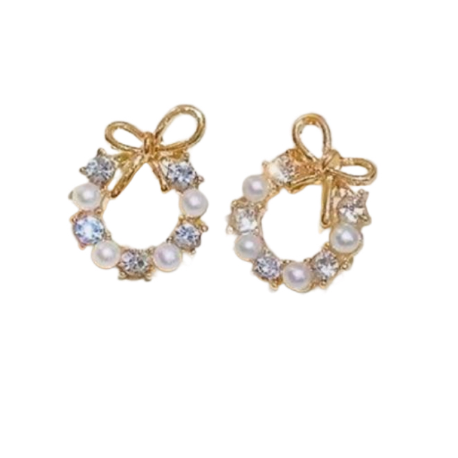 Round Bow Knot, Pearl Stud Earrings. Rhinestone Imitation