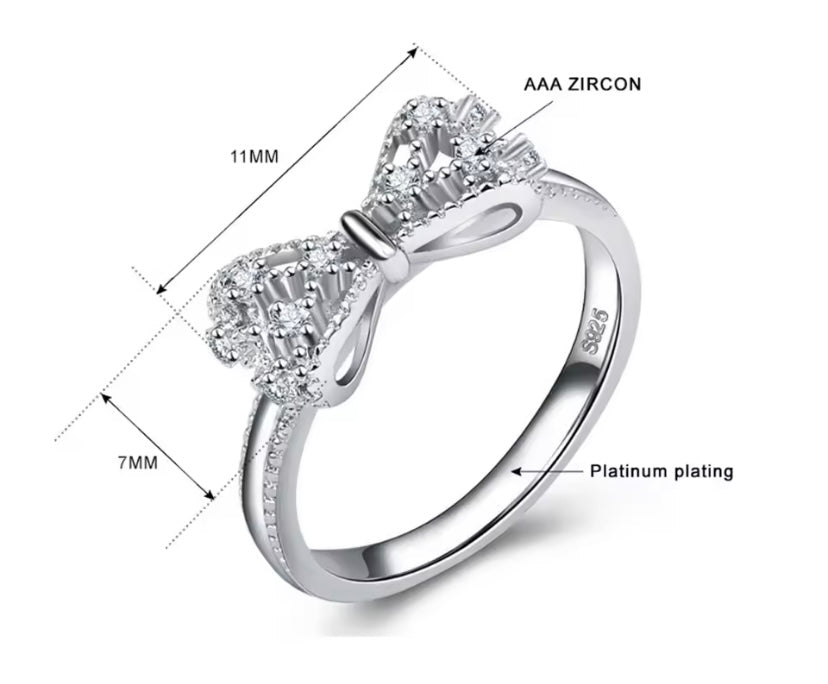 Bowknot 925 Sterling Silver Ring. Cubic Zirconia Rhinestone. Size 8