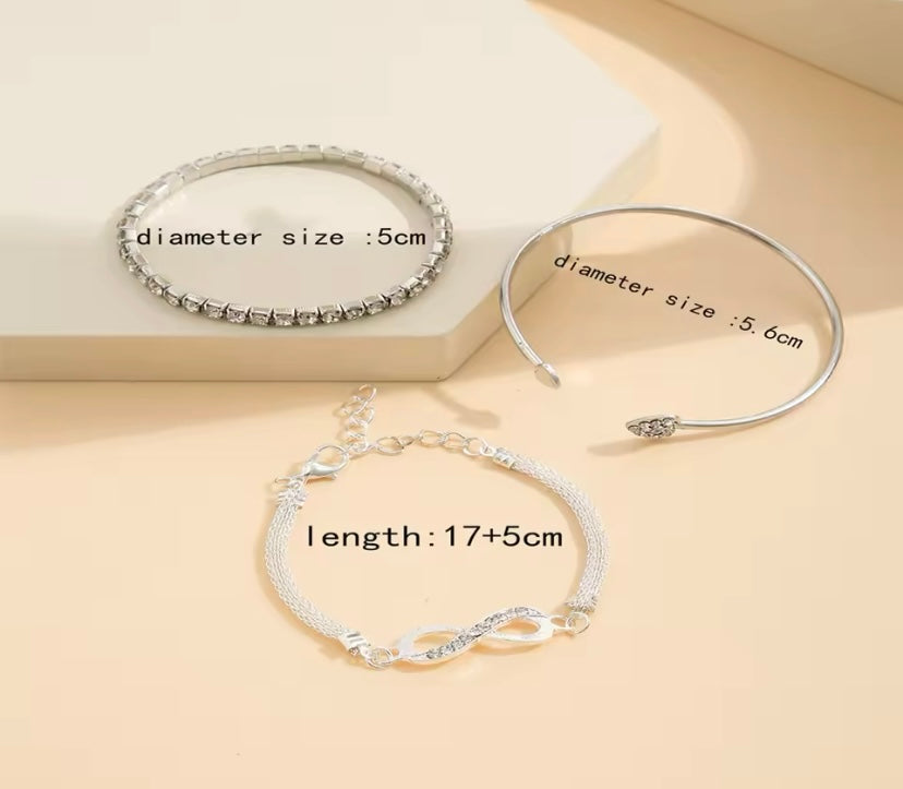 Infinity Bracelet Bangle Jewelry Set With Crystal Rhinestone & Heart Designs