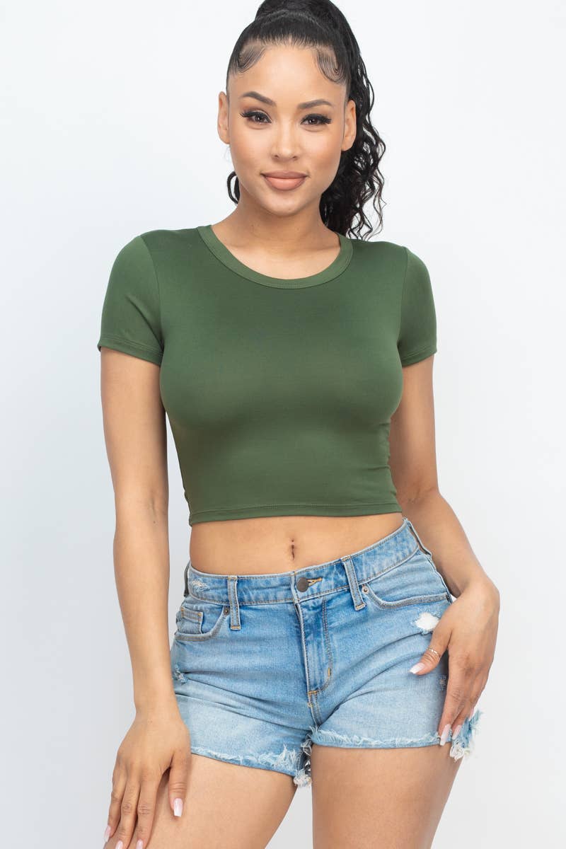 Women's Short Sleeve Roundneck Crop Top: Dahlia