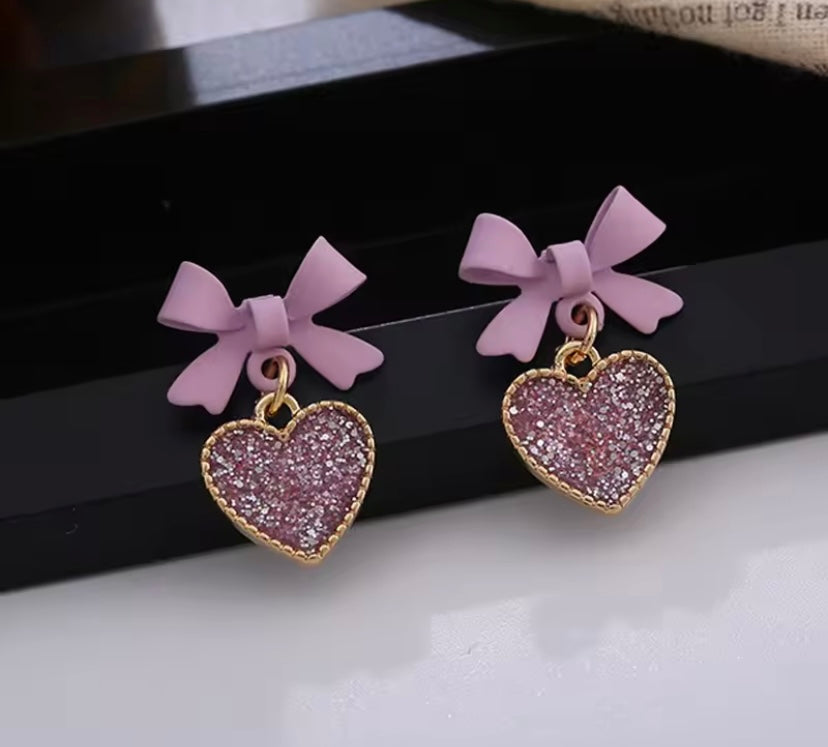 Purple Bowtie Glitter Heart Earrings