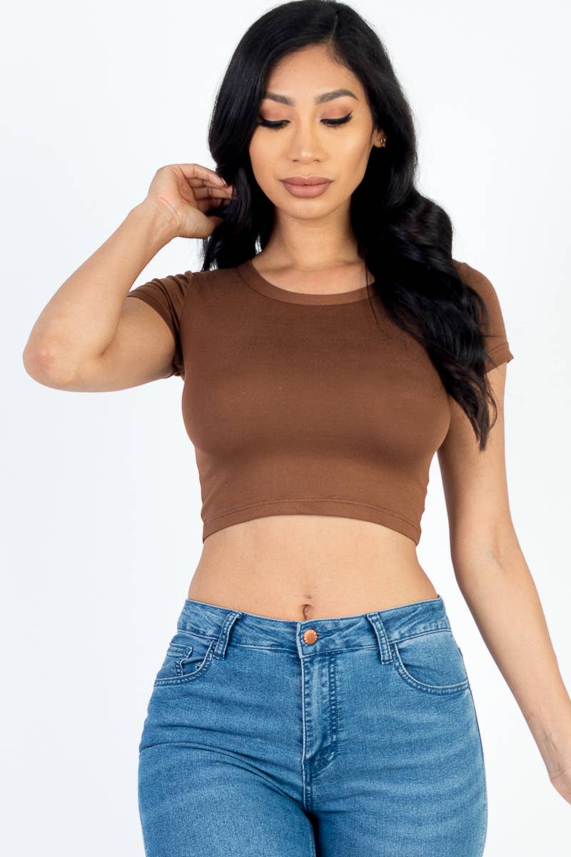 Women's Short Sleeve Roundneck Crop Top: Dahlia