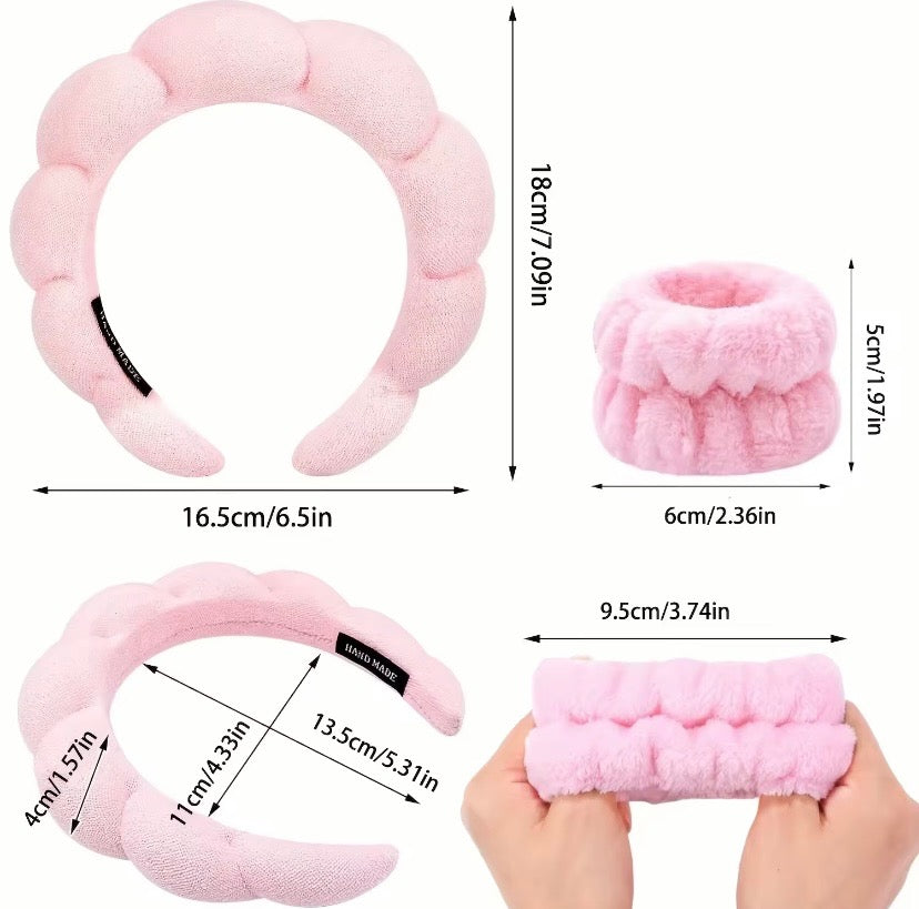 Pink Plush Spa Skincare Wrist and Headband 4-piece Set