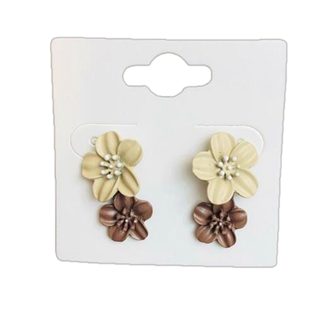 Matte Colored Flower Drop Earrings - Brown & Cream