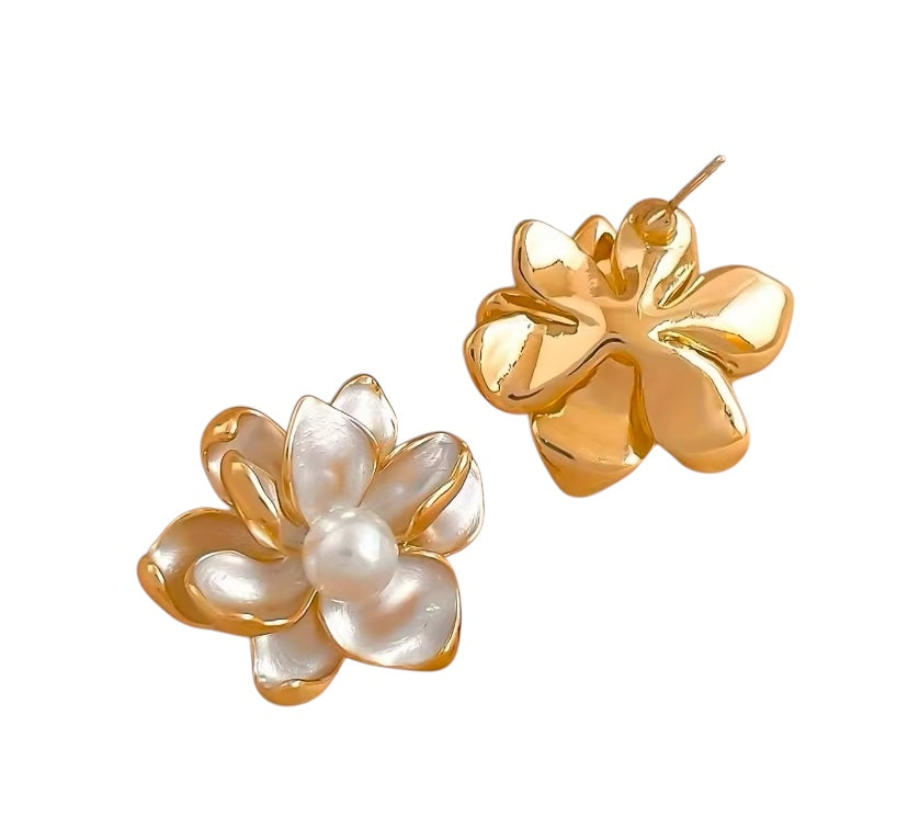 Gold & White Large Floral Pearl Stud Earrings