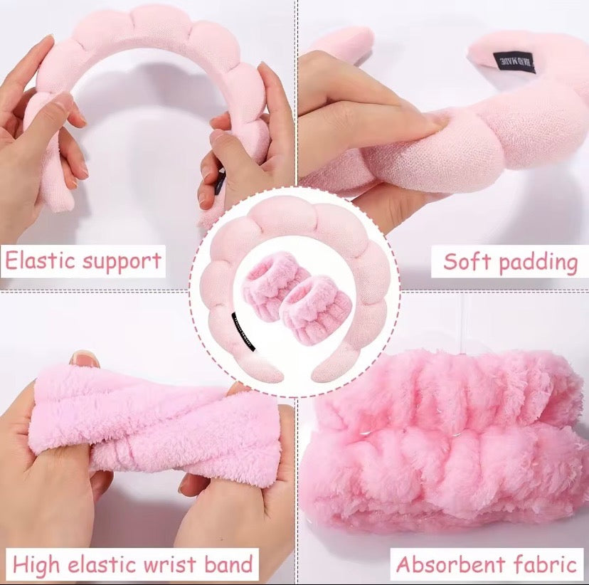 Pink Plush Spa Skincare Wrist and Headband 4-piece Set