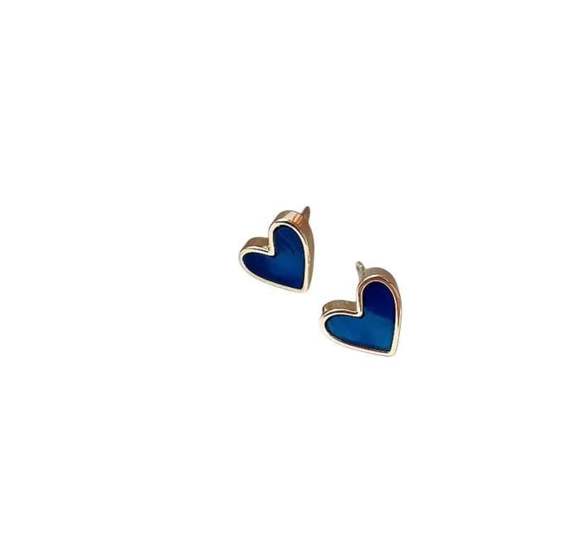 Blue Heart Shaped Stud Earrings - Blue and Gold