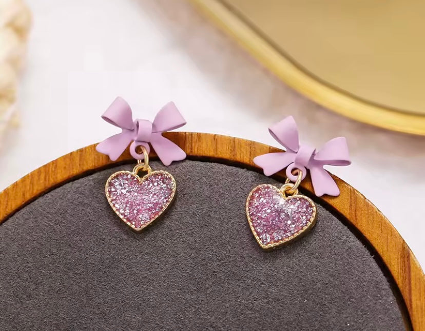 Purple Bowtie Glitter Heart Earrings