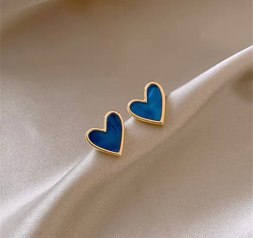 Blue Heart Shaped Stud Earrings - Blue and Gold