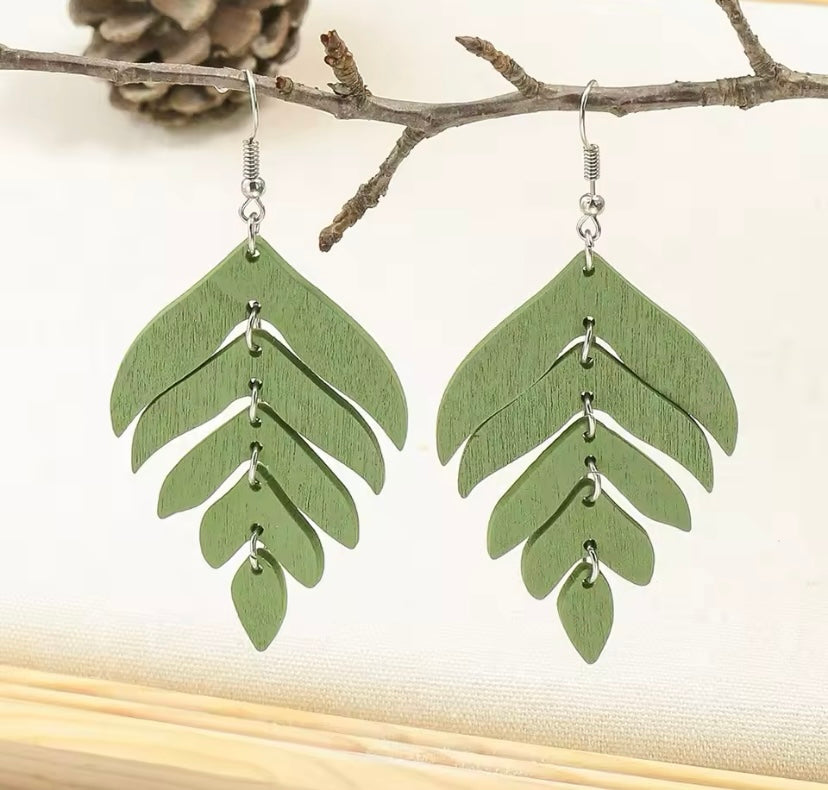Green - Leaf Feather Wooden Drop Geometric Earrings