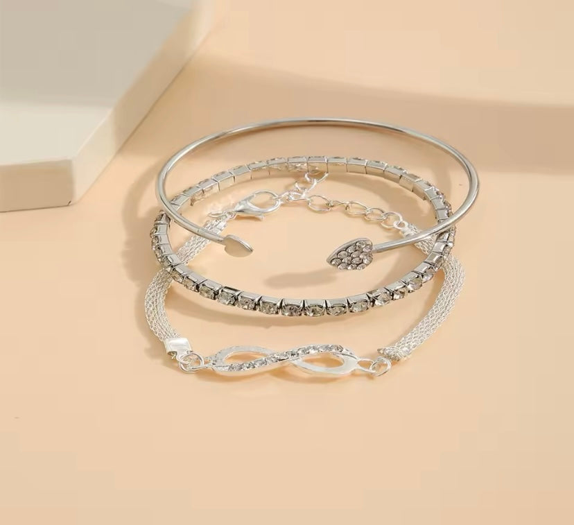Infinity Bracelet Bangle Jewelry Set With Crystal Rhinestone & Heart Designs