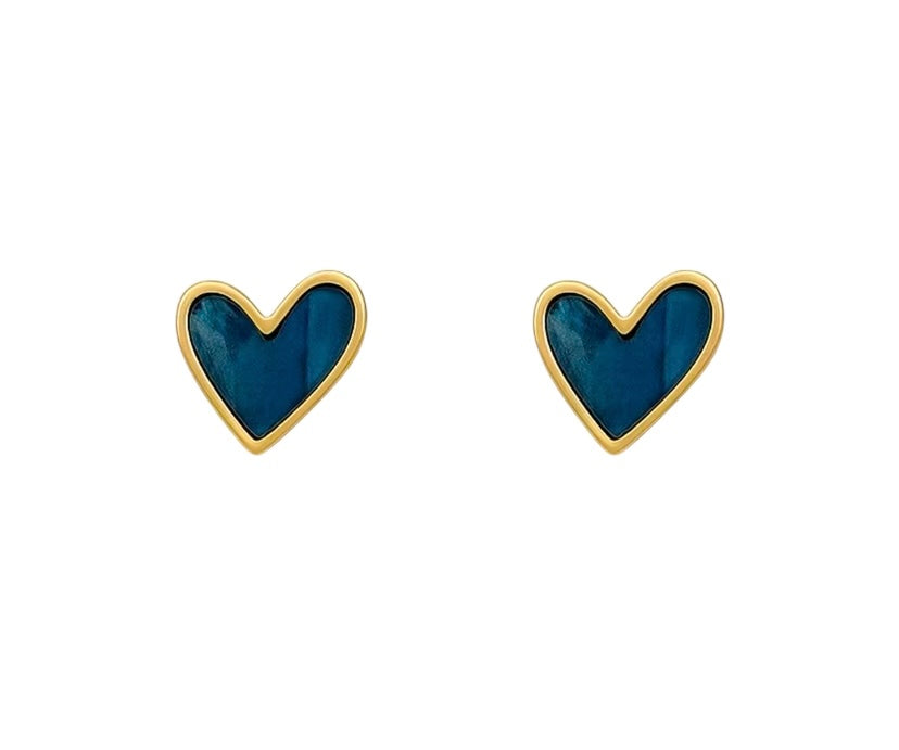 Blue Heart Shaped Stud Earrings - Blue and Gold
