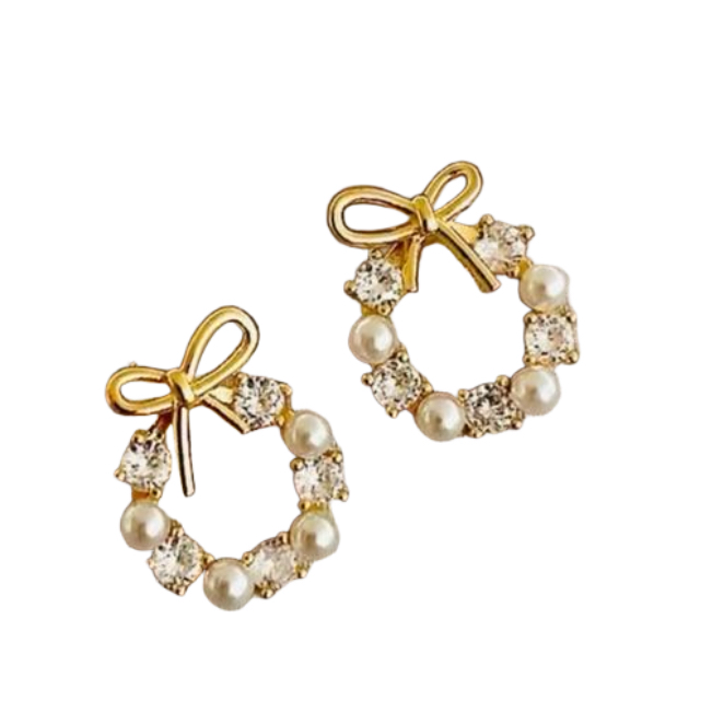 Round Bow Knot, Pearl Stud Earrings. Rhinestone Imitation
