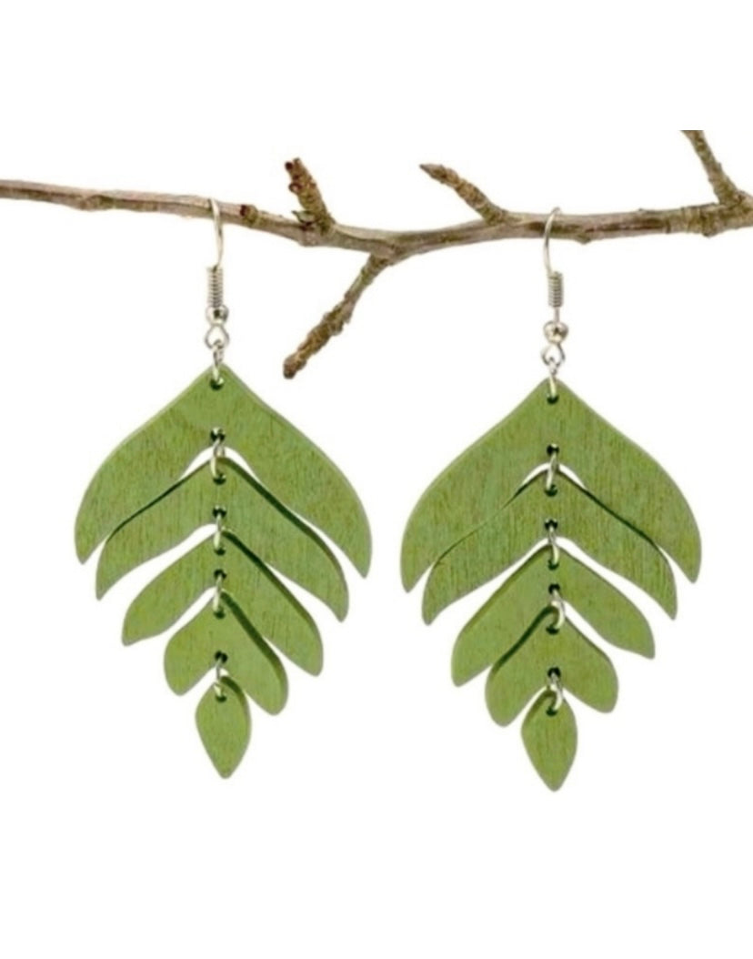 Green - Leaf Feather Wooden Drop Geometric Earrings