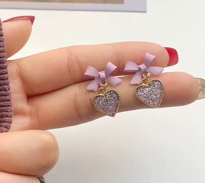 Purple Bowtie Glitter Heart Earrings