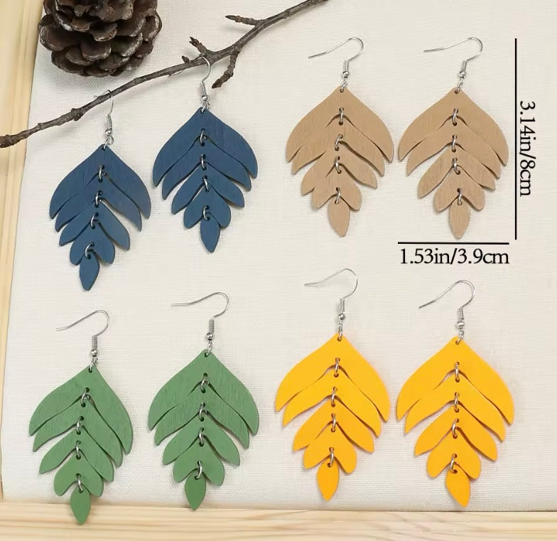 Blue - Leaf Feather Wooden Drop Geometric Earrings