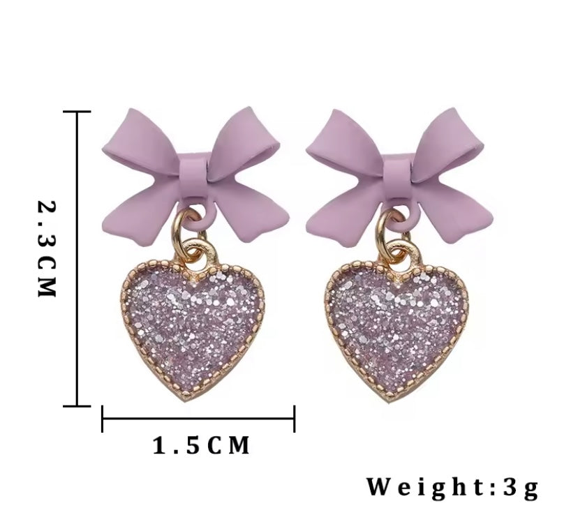 Purple Bowtie Glitter Heart Earrings