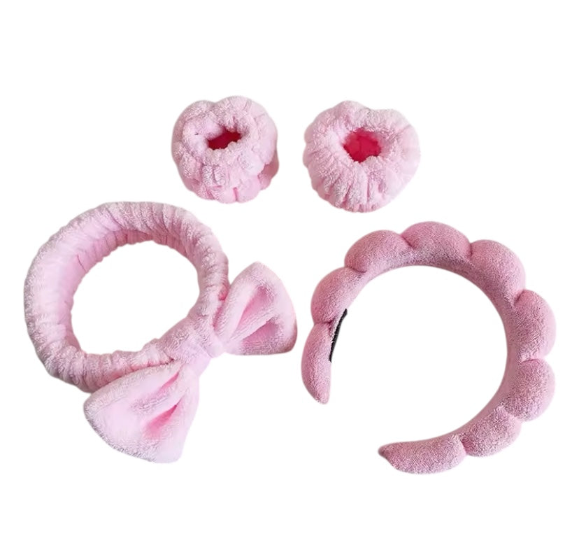 Pink Plush Spa Skincare Wrist and Headband 4-piece Set