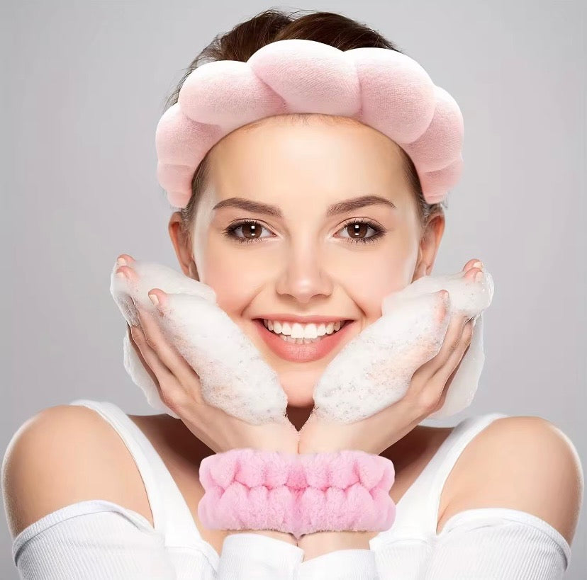 Pink Plush Spa Skincare Wrist and Headband 4-piece Set