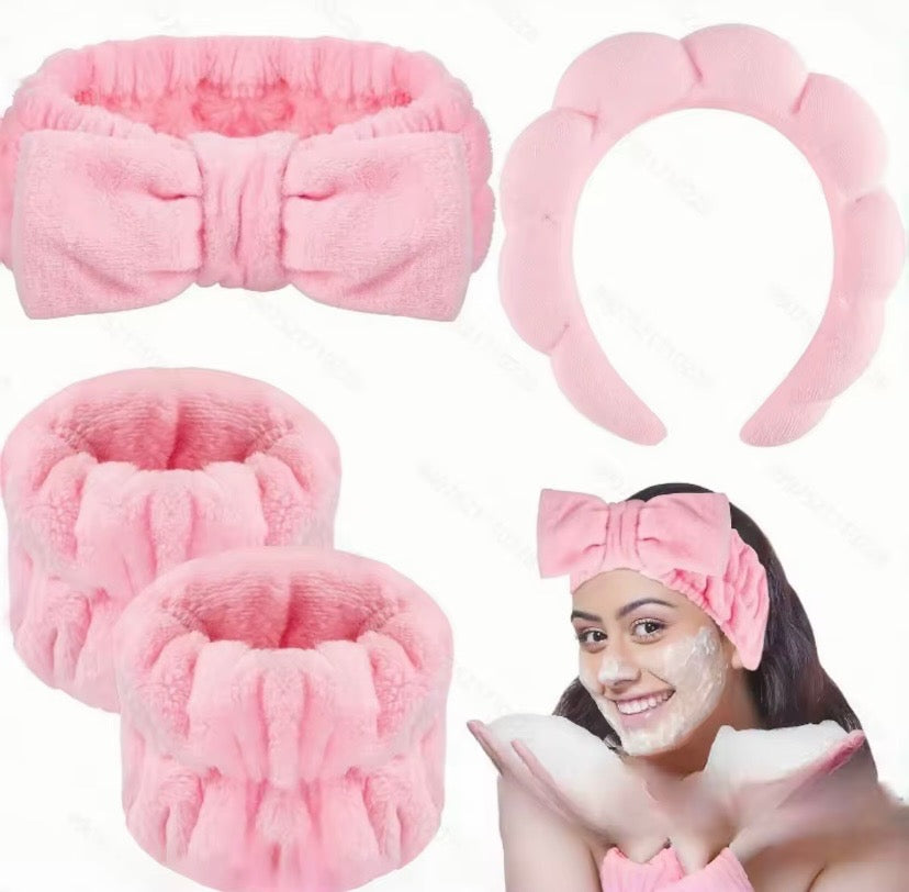 Pink Plush Spa Skincare Wrist and Headband 4-piece Set