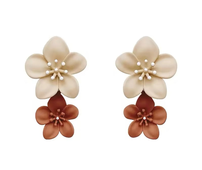 Matte Colored Flower Drop Earrings - Brown & Cream