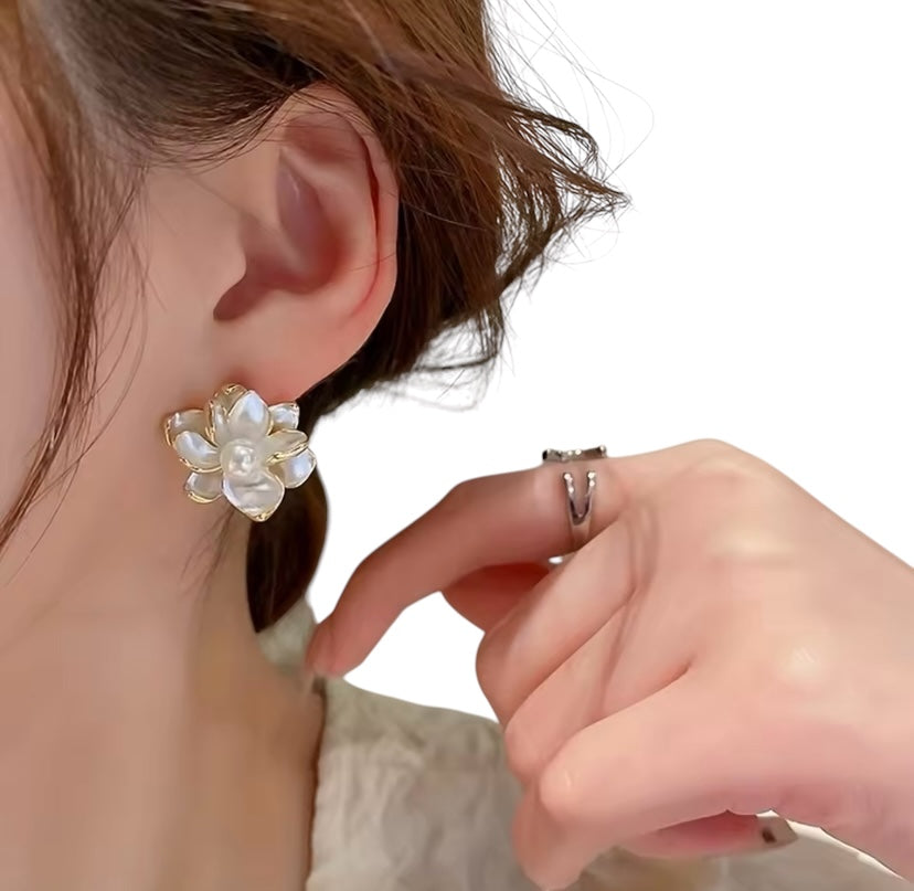 Gold & White Large Floral Pearl Stud Earrings