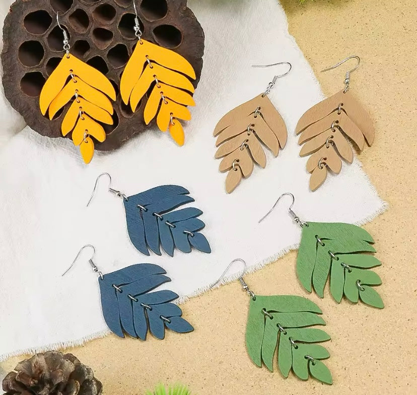 Blue - Leaf Feather Wooden Drop Geometric Earrings