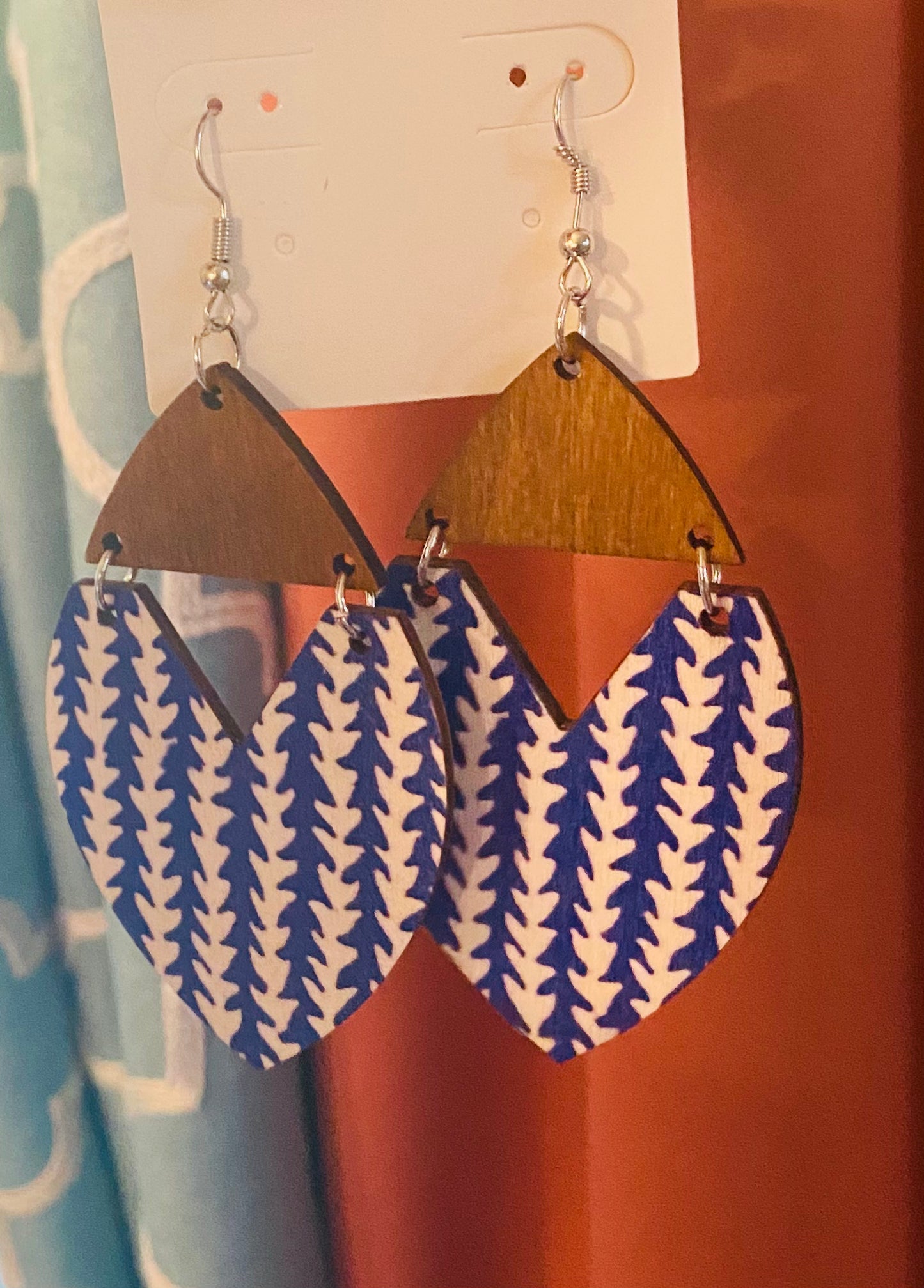 Large Bohemian Geometric Triangle Wooden Leaf Pattern Earrings
