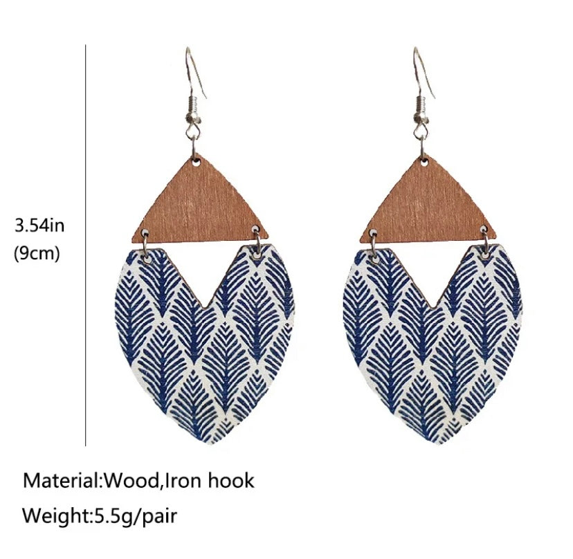 Large Bohemian Geometric Triangle Wooden Leaf Pattern Earrings