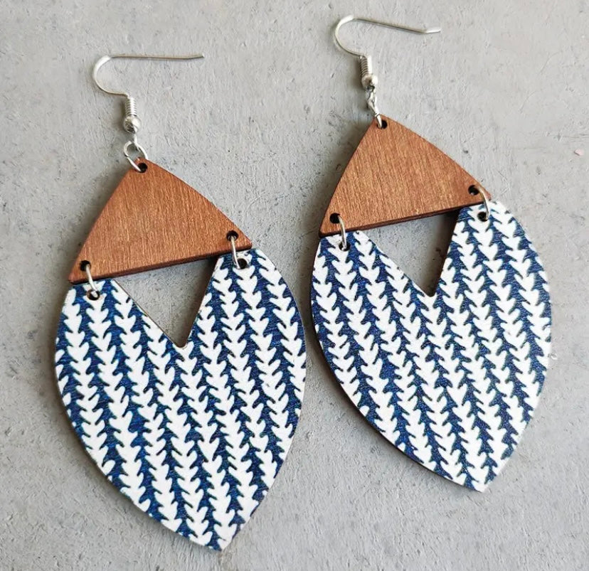 Large Bohemian Geometric Triangle Wooden Leaf Pattern Earrings