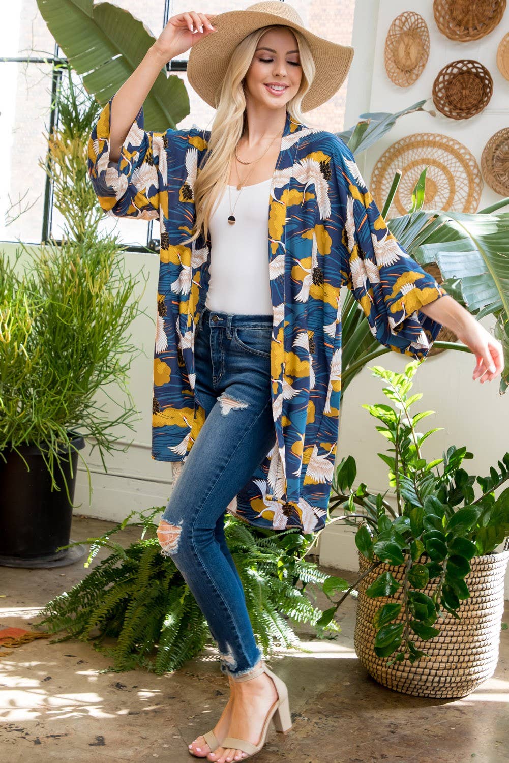 Flying Crane Print Kimono