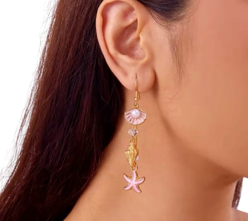 Ocean Style Shell Starfish Drop Earrings - Pink & Gold