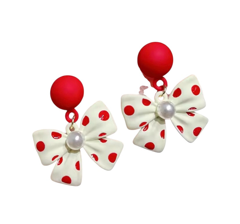Bowknot Red & White Polka Dot Earrings With Pearl Accent