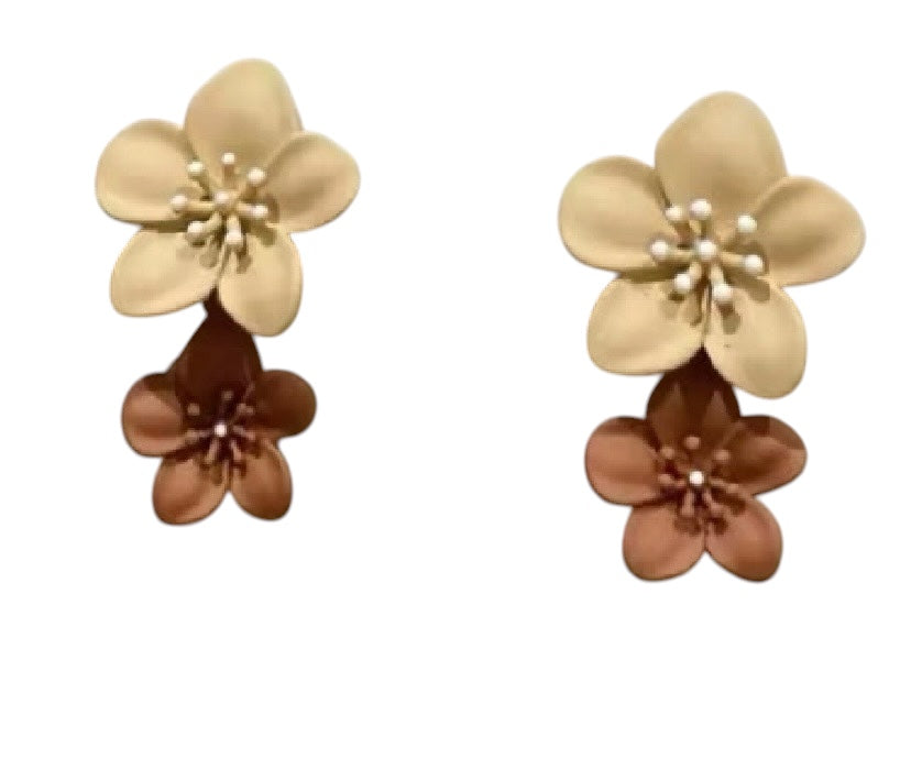Matte Colored Flower Drop Earrings - Brown & Cream