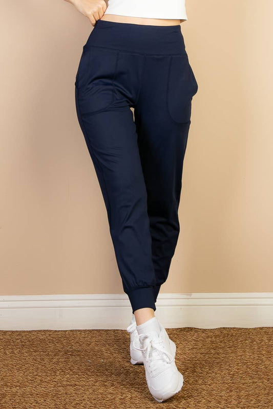 High Waisted Wide Waistband Joggers: NAVY