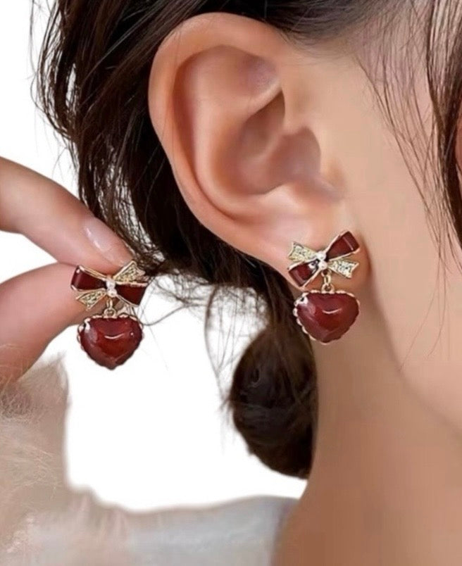 Elegant Red Heart Earrings with Gold Accents