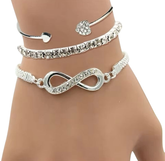 Infinity Bracelet Bangle Jewelry Set With Crystal Rhinestone & Heart Designs