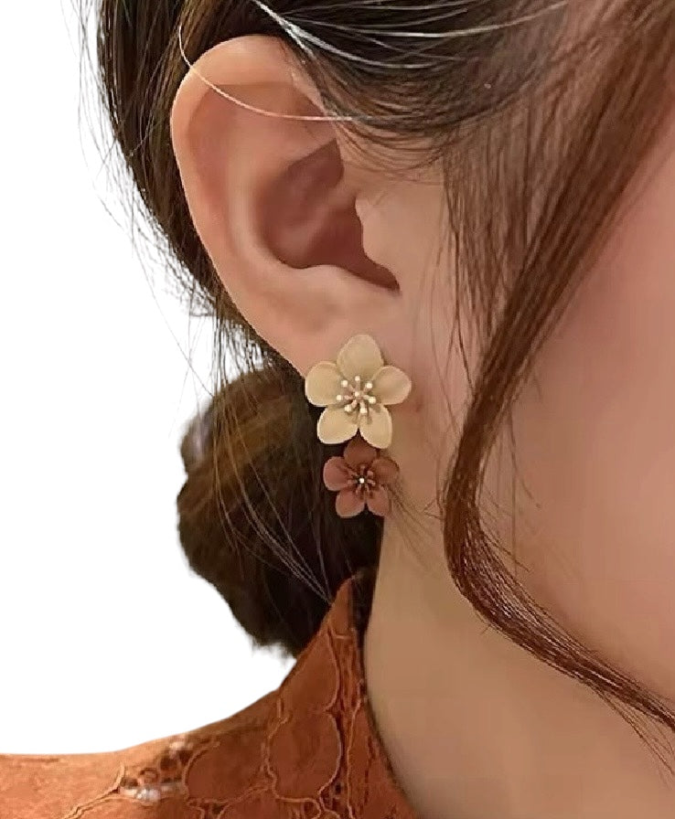 Matte Colored Flower Drop Earrings - Brown & Cream