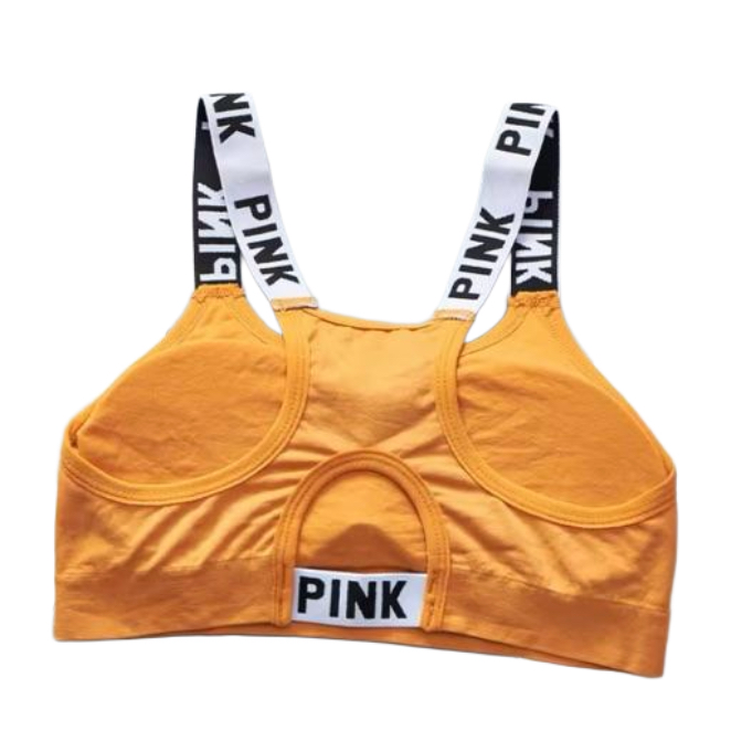 Women's Sports Bra. Black with white letters “PINK”. Stretchy. Wide shoulder straps
