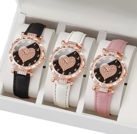 Women’s Heart Shaped Dial Watch With Rhinestones and Leather Strap
