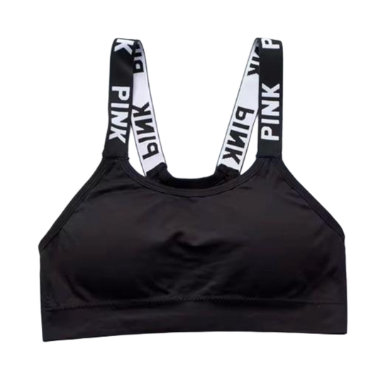Women's Sports Bra. Black with white letters “PINK”. Stretchy. Wide shoulder straps