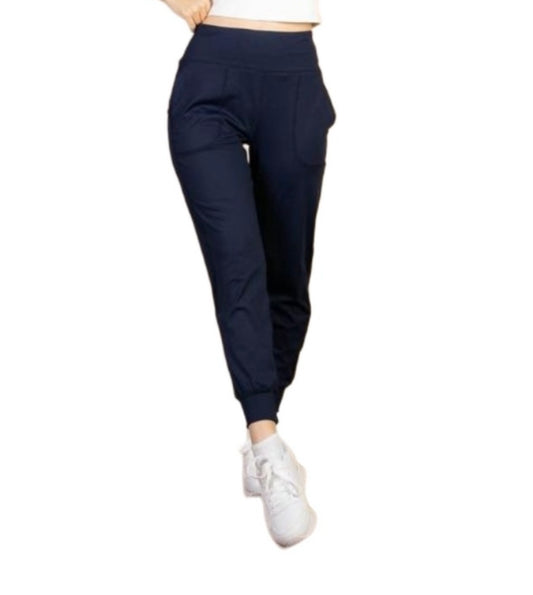 High Waisted Wide Waistband Joggers: NAVY