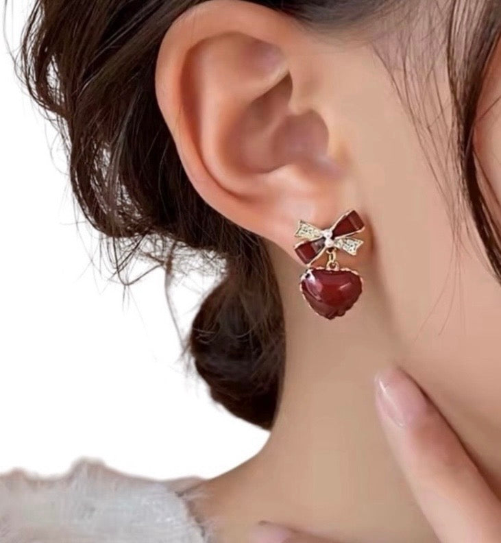 Elegant Red Heart Earrings with Gold Accents